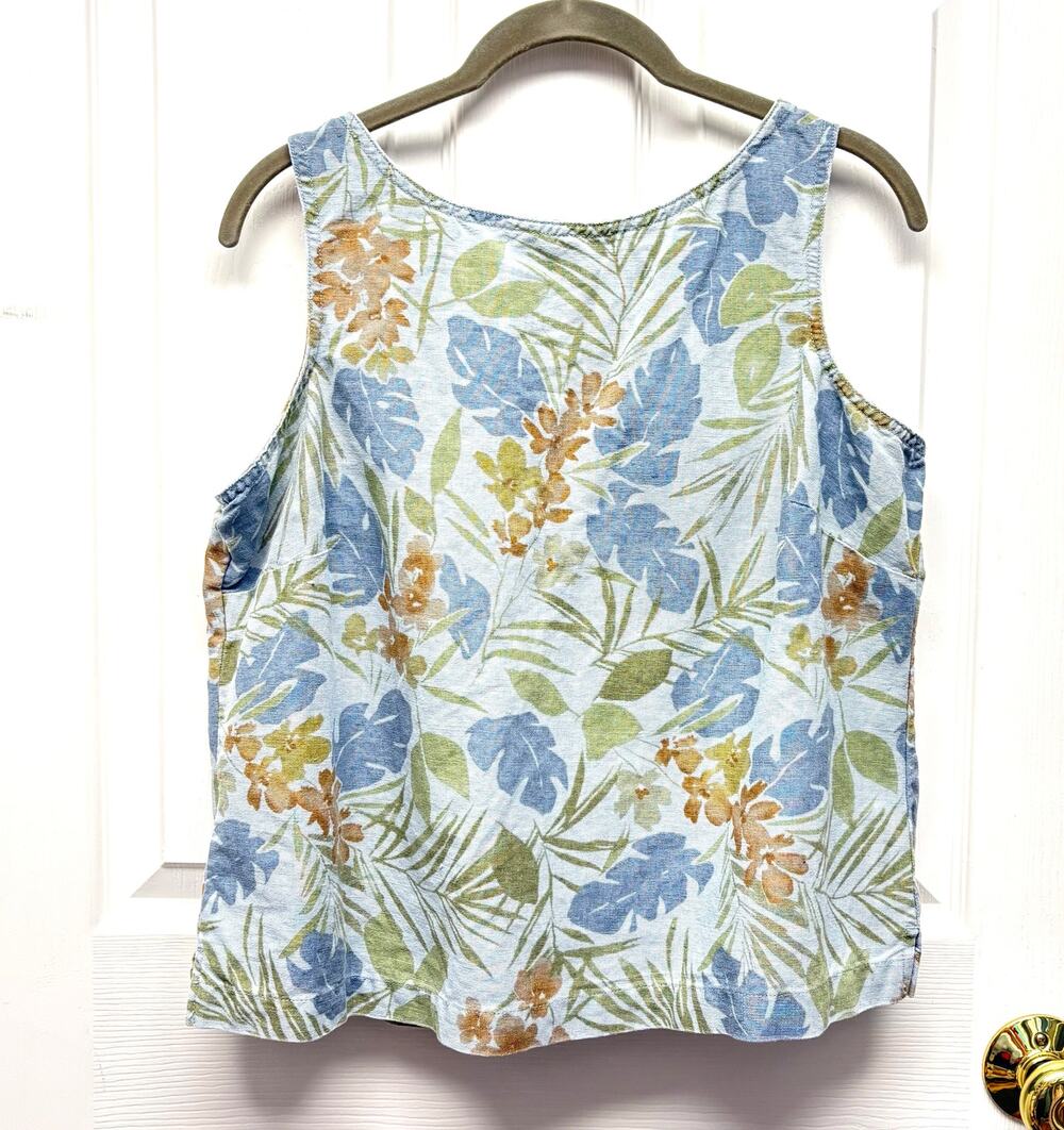 Susan Bristol Top Vintage Linen Cotton Floral Cropped Tank Buttons Size L Y2K